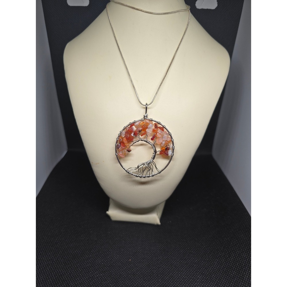 Tree of Life Wire Wrapped Carnelian Agate Chip Pendant Snake Chain Necklace Red